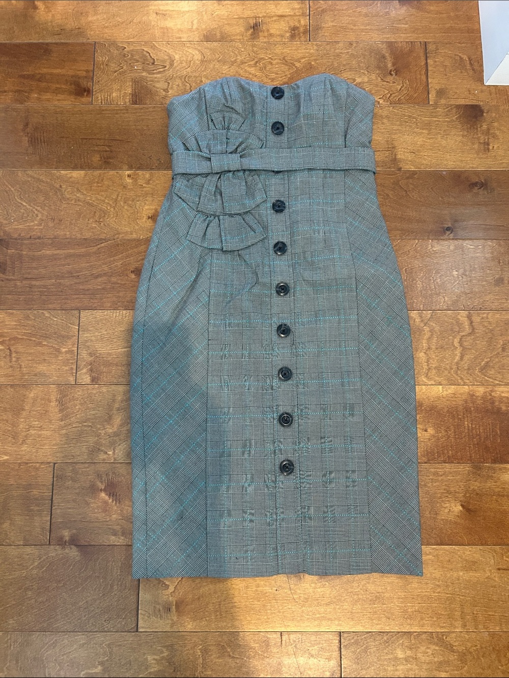 Floreat Gray Plaid Strapless Sheath Dress with Teal Threading
